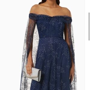 MARCHESA NOTTE BLUE TULLE-OVERLAY EMBELISHED